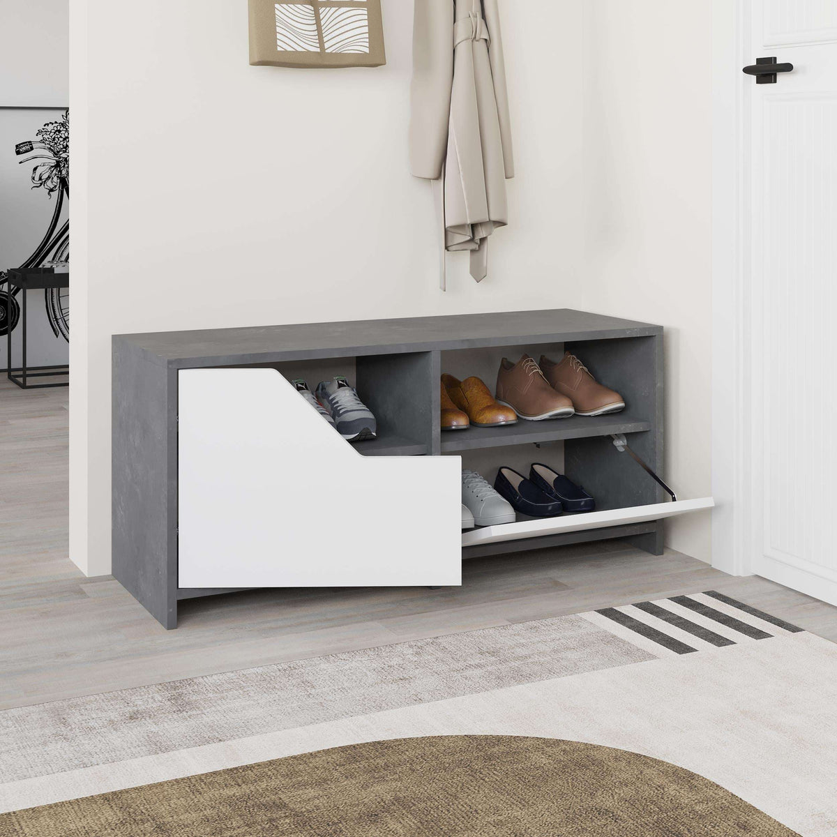 Retro gray shoe rack with white drawer front and open shelving for shoes