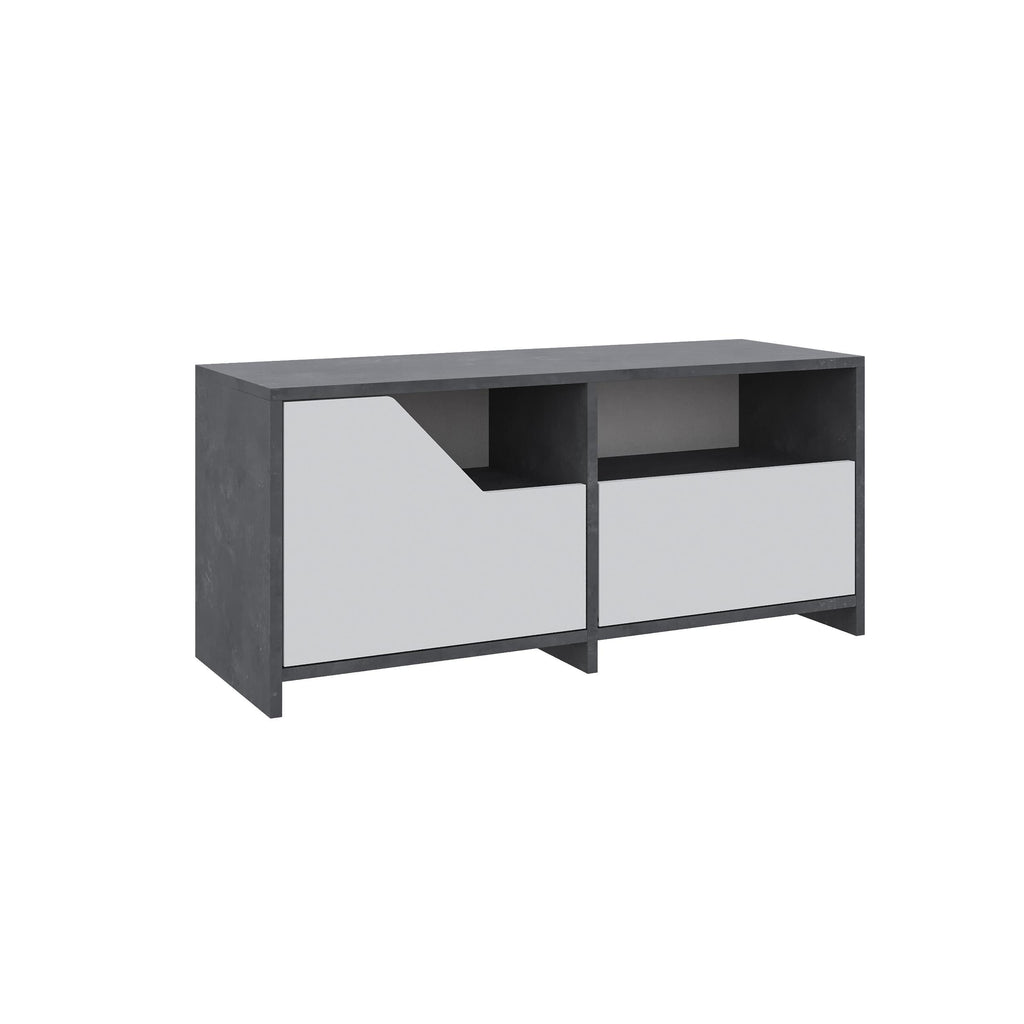 Dark gray shoe rack storage cabinet with white drawer fronts and open top