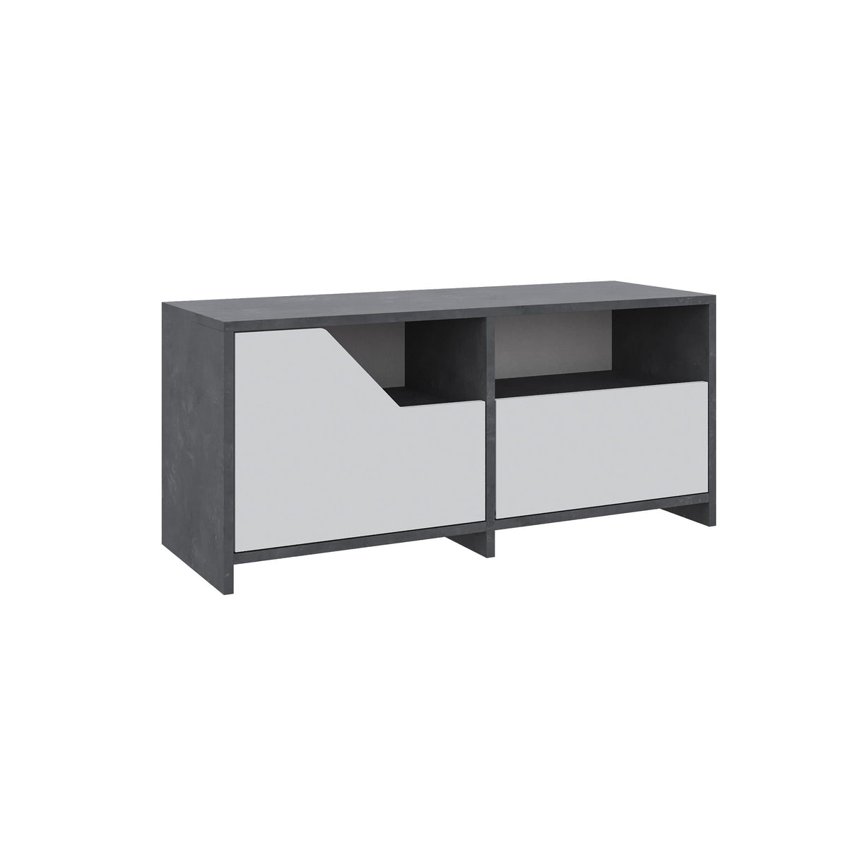 Dark gray shoe rack storage cabinet with white drawer fronts and open top