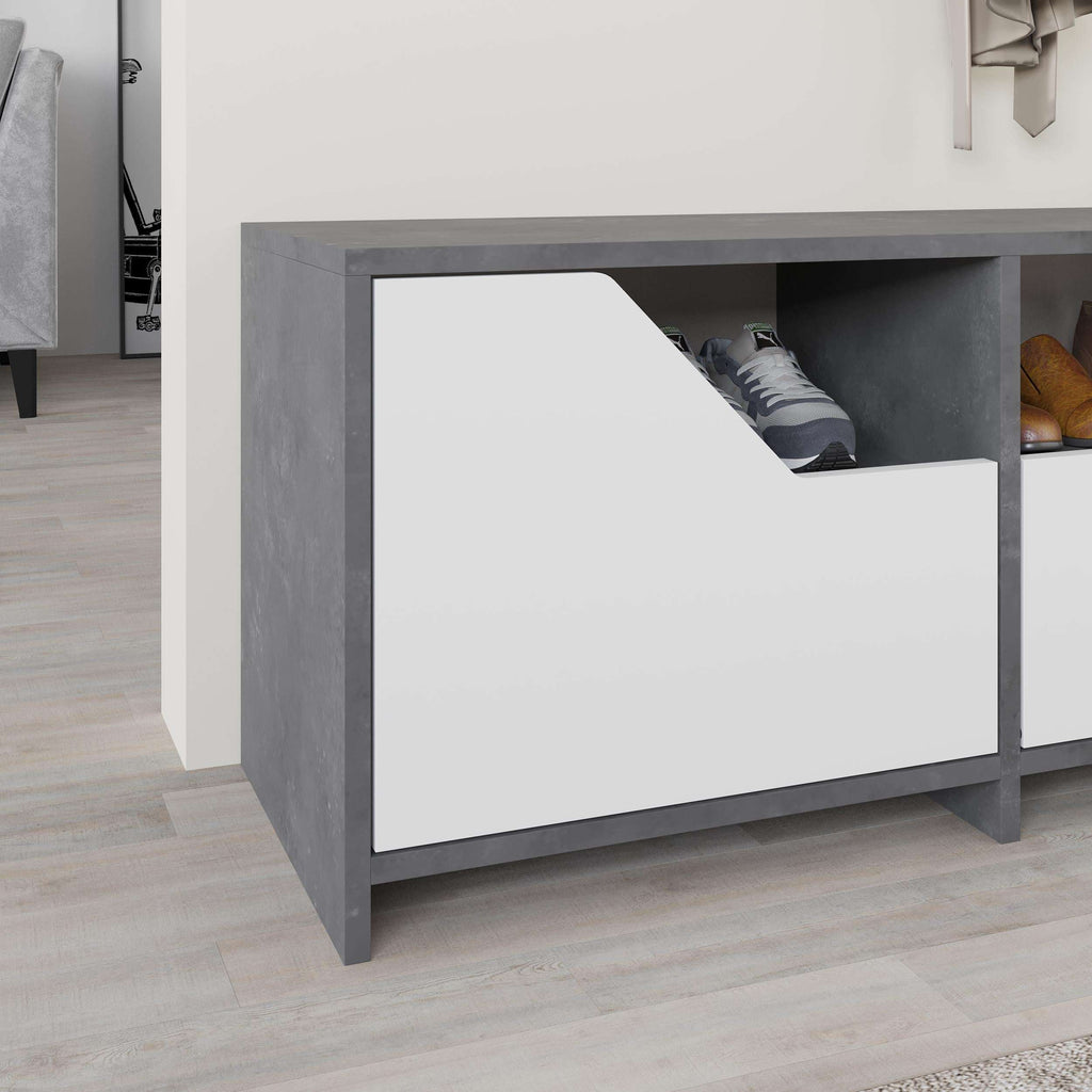 Retro gray shoe rack with white drawer front and open top shoe compartment