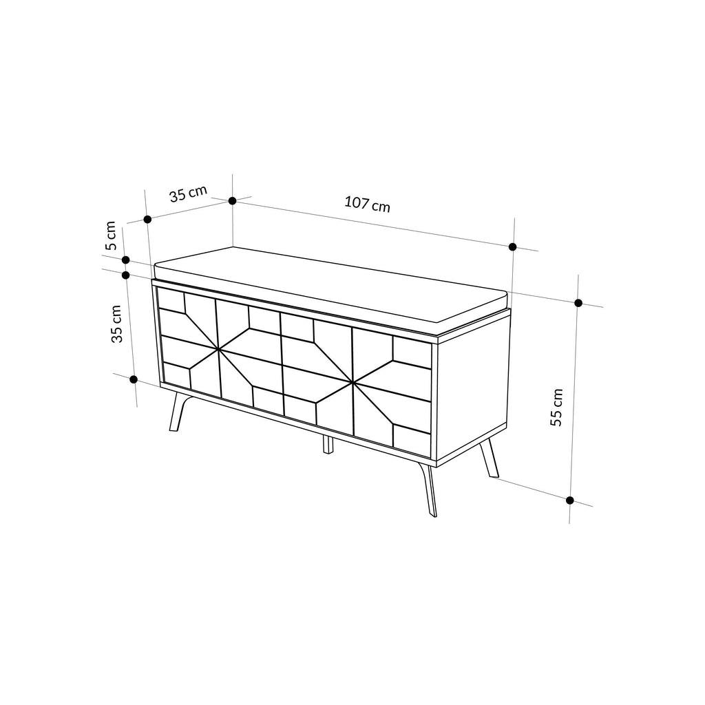 Shoe storage bench with geometric door panels and cushioned top, tapered legs