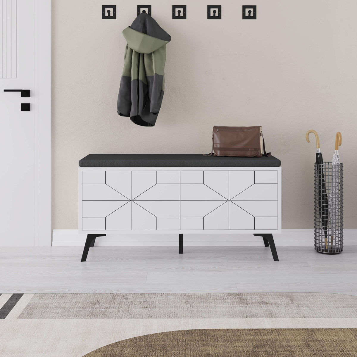 White shoe storage bench with storage cabinet doors and dark padded seat