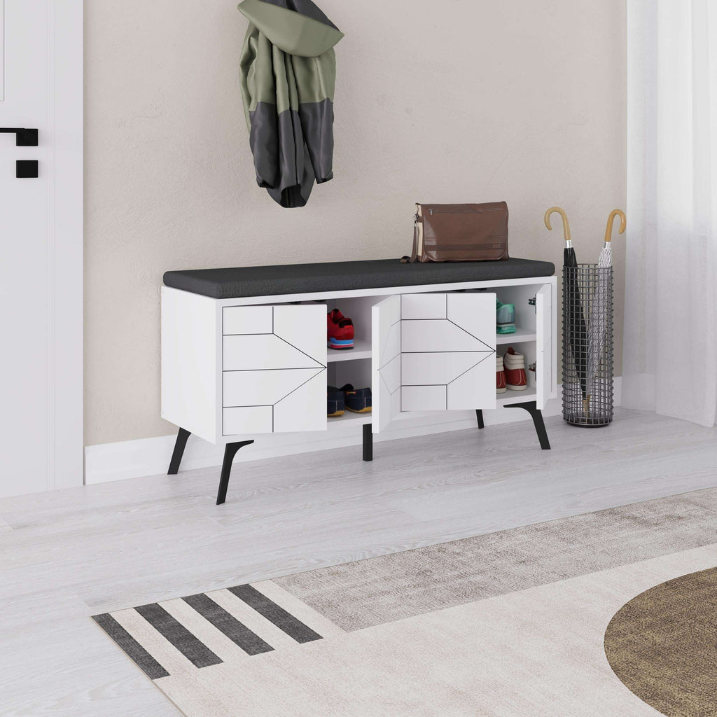 White shoe storage bench with open front showing shelves for shoes, dark top