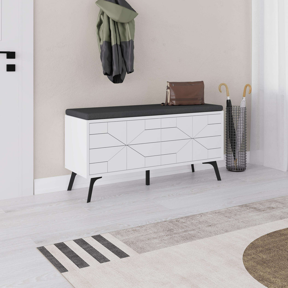 White shoe storage bench with dark seat top and geometric drawer fronts, angled legs
