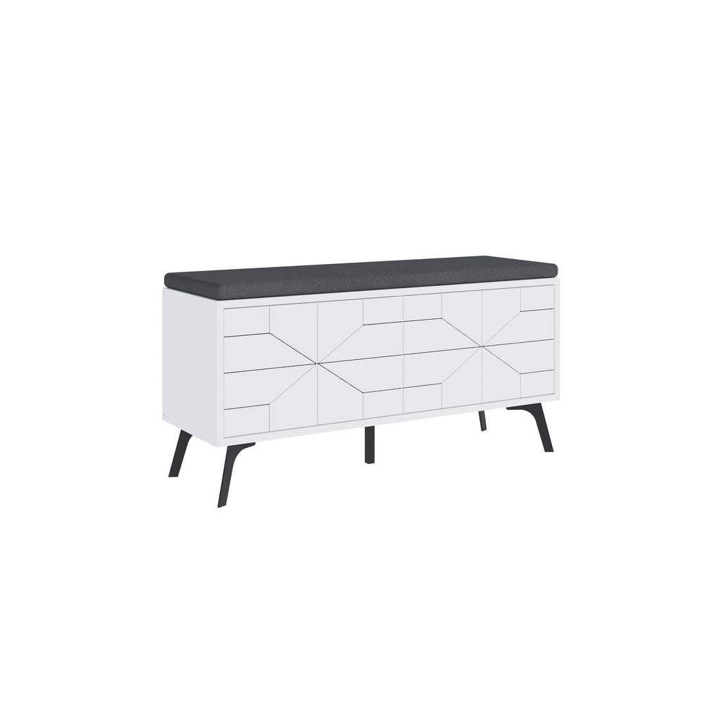 White shoe storage bench with dark seat top and geometric drawer fronts on black legs