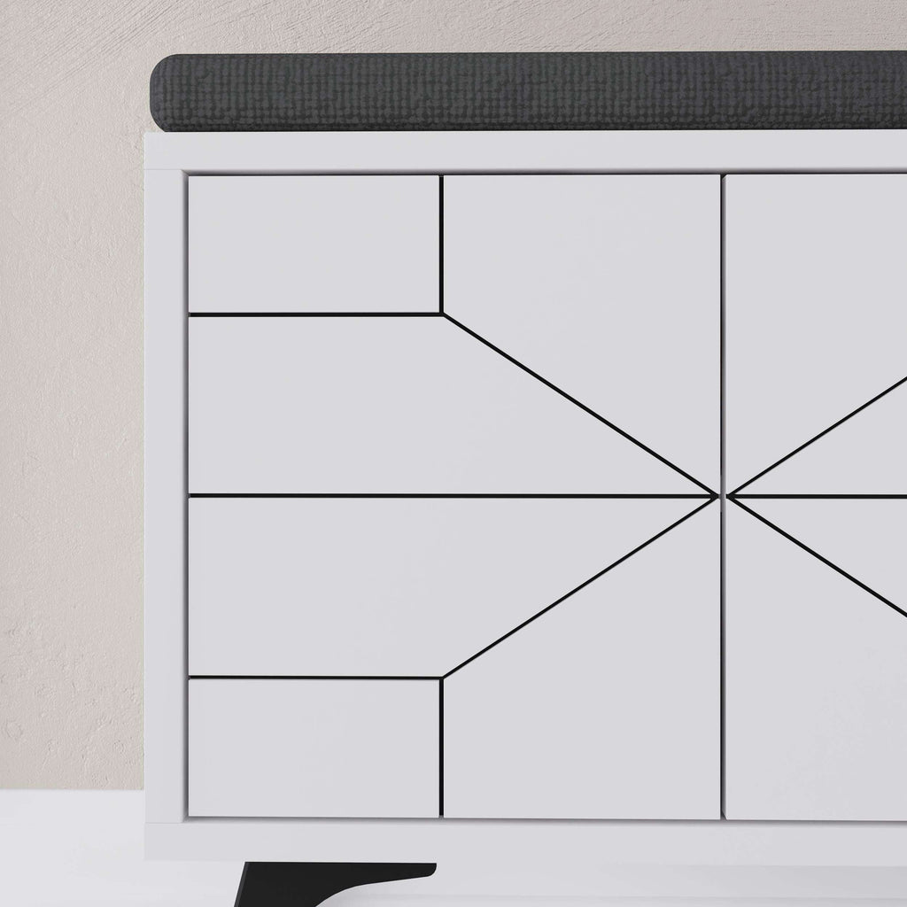 White shoe storage bench front with geometric cabinet panels and dark top