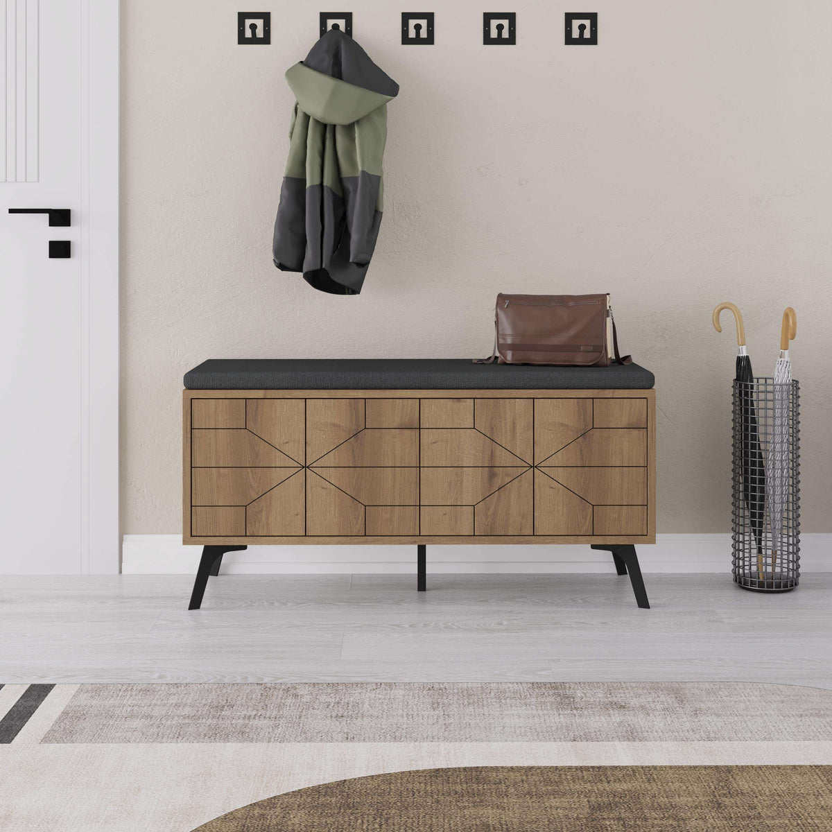 Dark oak shoe storage bench with geometric doors and dark cushioned seat