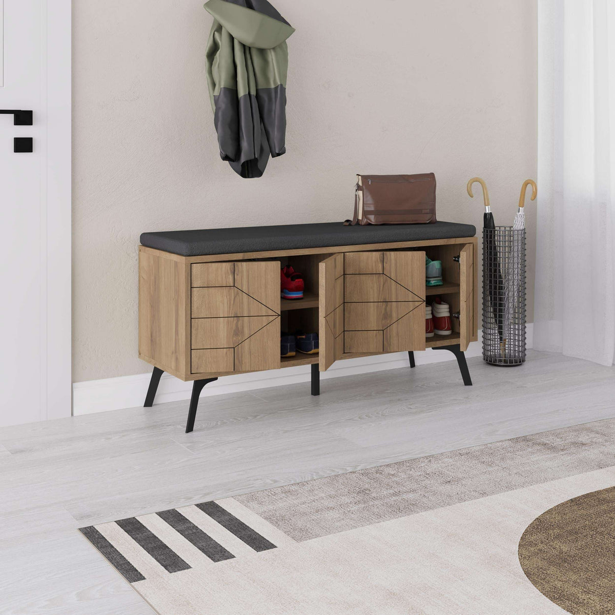 Dark oak shoe storage bench with open storage compartments and dark upholstered top