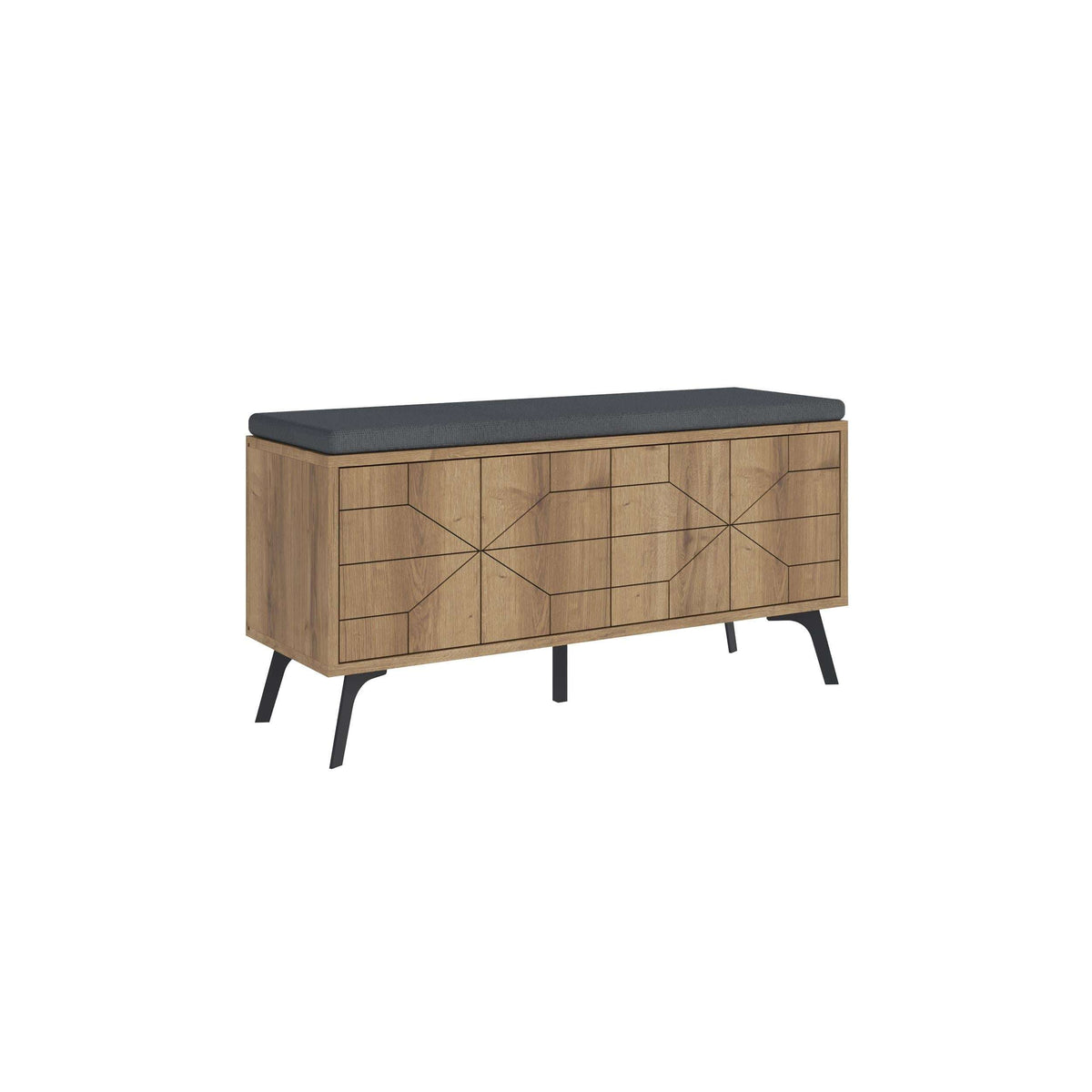 Dark oak shoe storage bench with dark seat top and geometric drawer fronts, black tapered legs