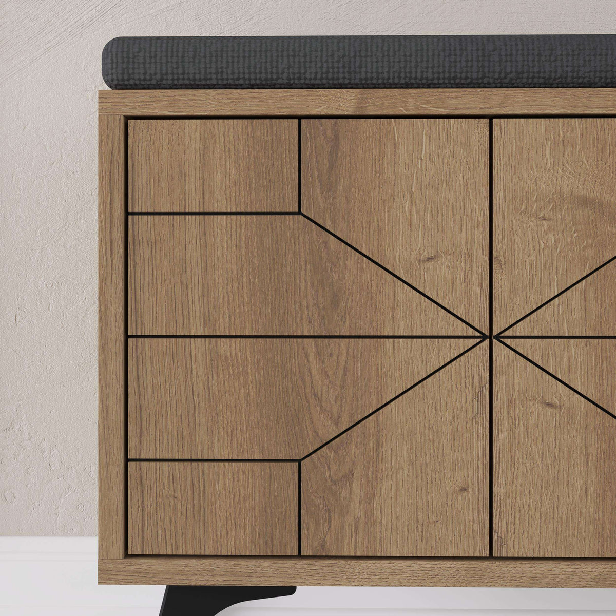 Dark oak shoe storage bench front with geometric wood cabinet doors and black trim
