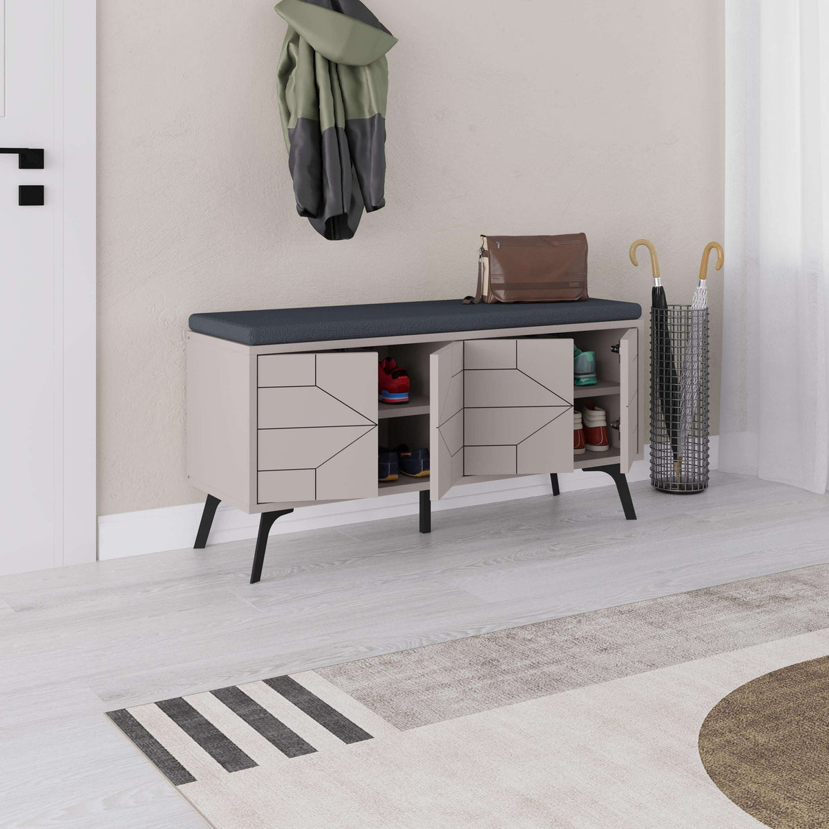 White shoe storage bench with open doors and interior shelves, dark cushioned seat