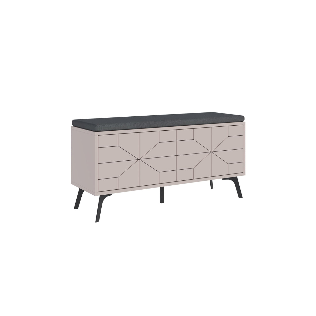 Light mocha shoe storage bench with dark seat top and geometric drawer fronts, angled legs