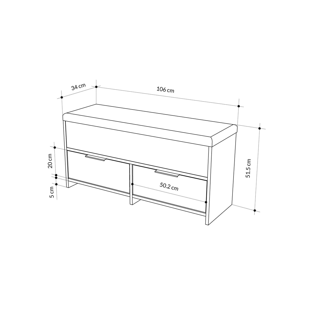 Shoe storage bench size diagram: 106 cm wide, 51.5 cm high