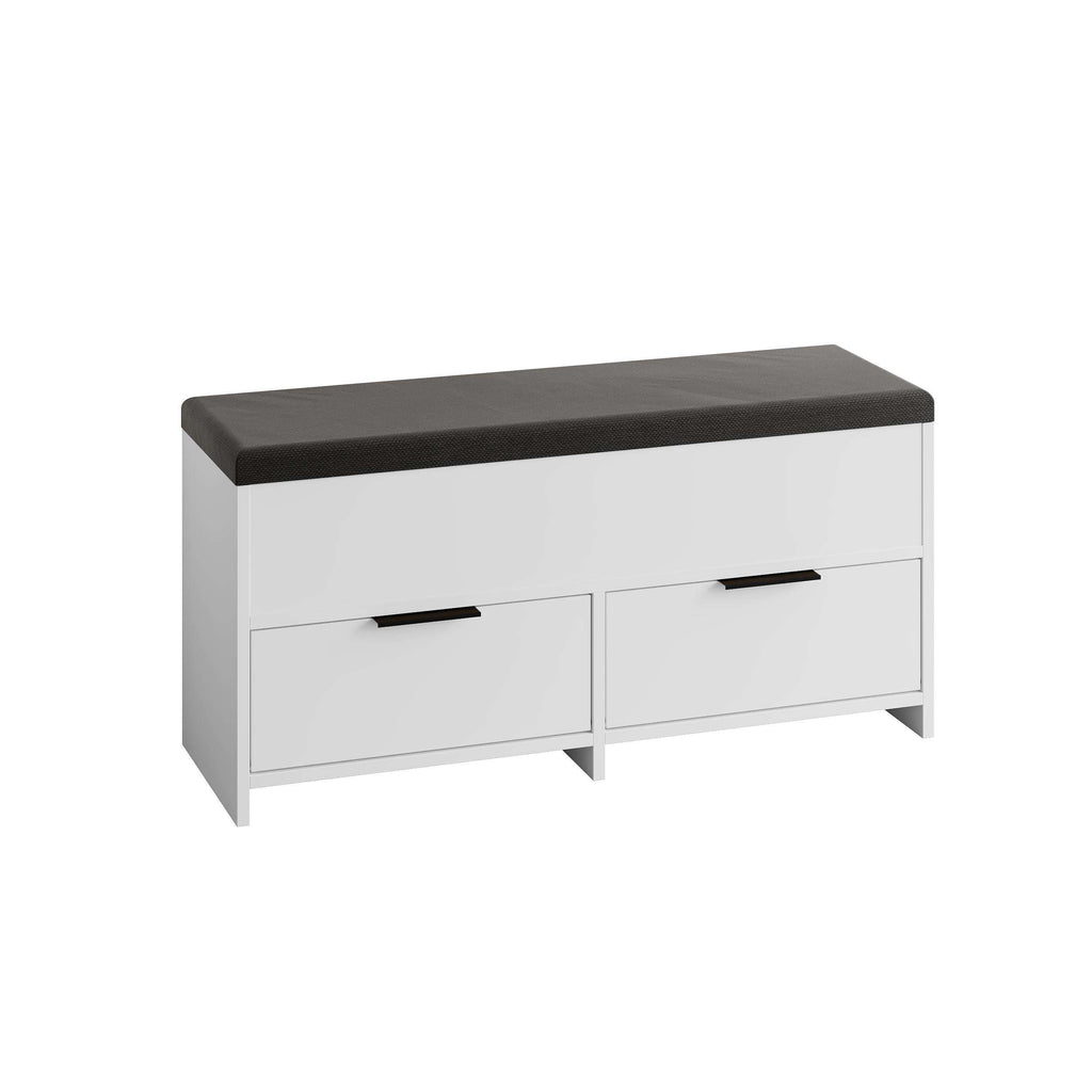 White shoe storage bench with dark cushioned seat and two front drawer panels