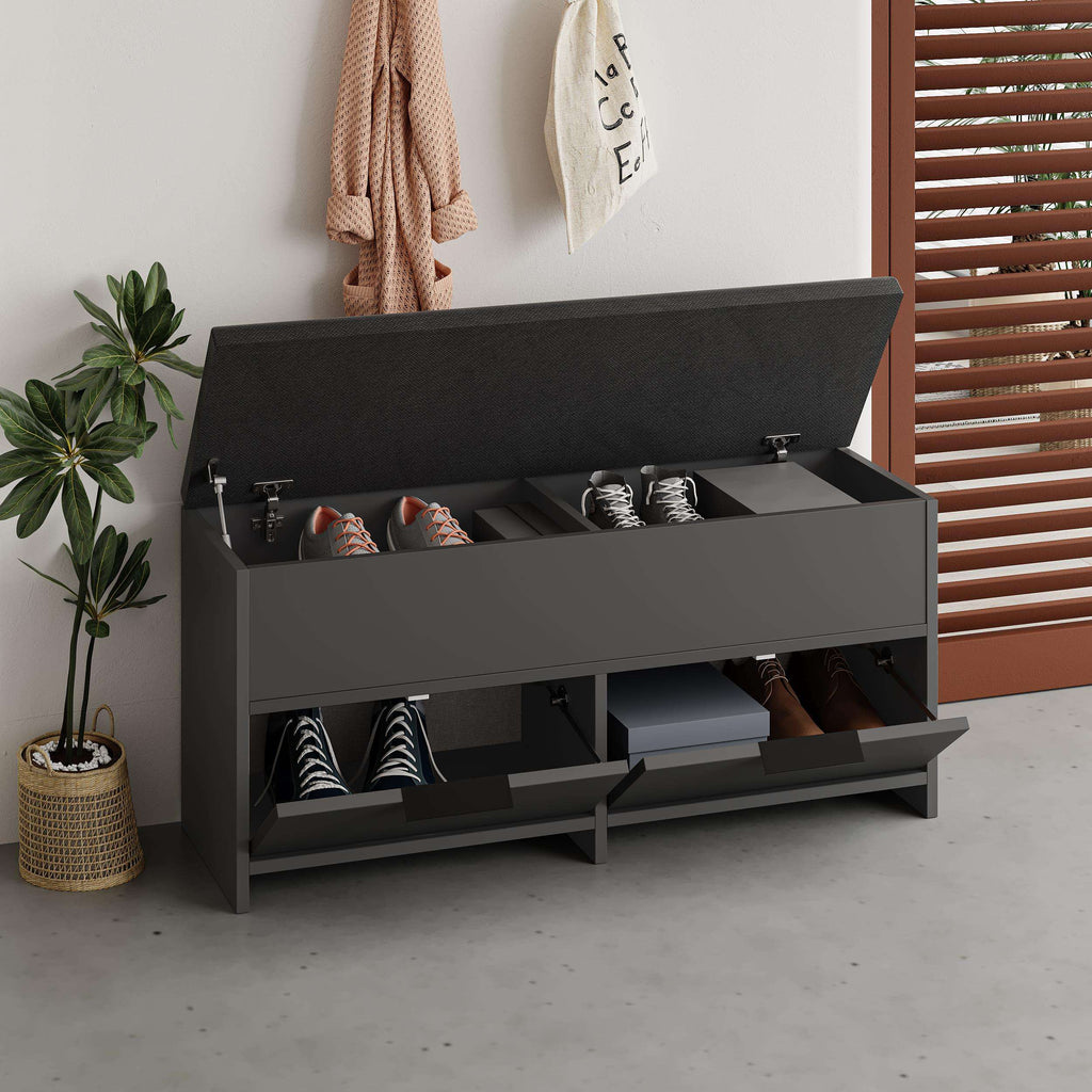 Anthracite gray shoe storage bench with open lid showing compartments inside
