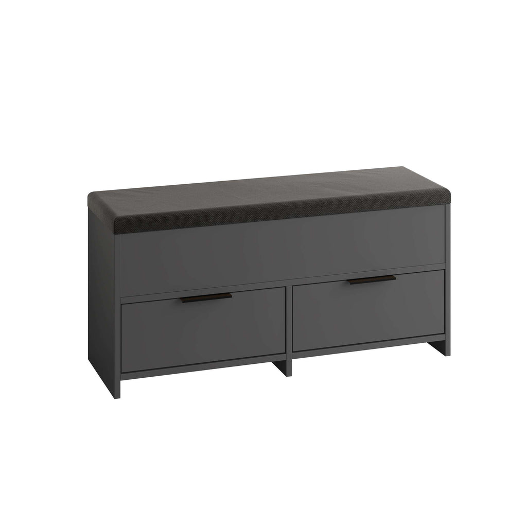 Anthracite gray shoe storage bench with black cushioned top and two drawers