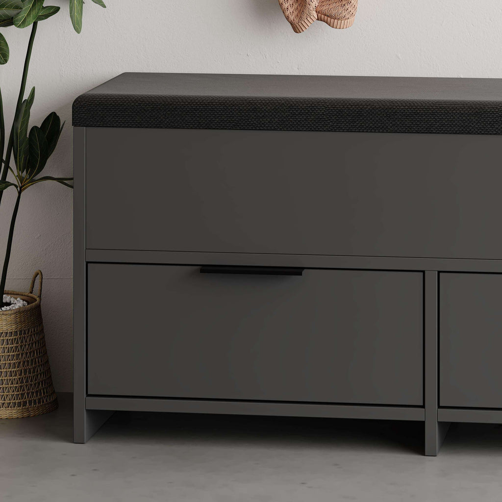 Anthracite gray shoe storage bench front with black cushioned top