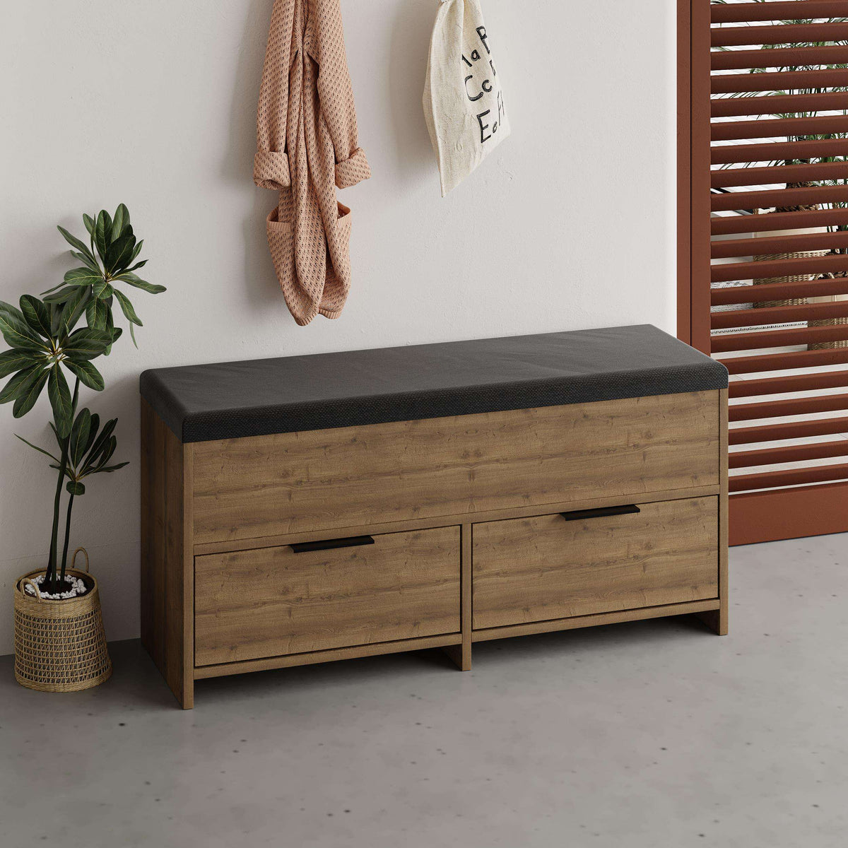 Modern shoe storage bench with dark cushioned seat and light wood two-door front