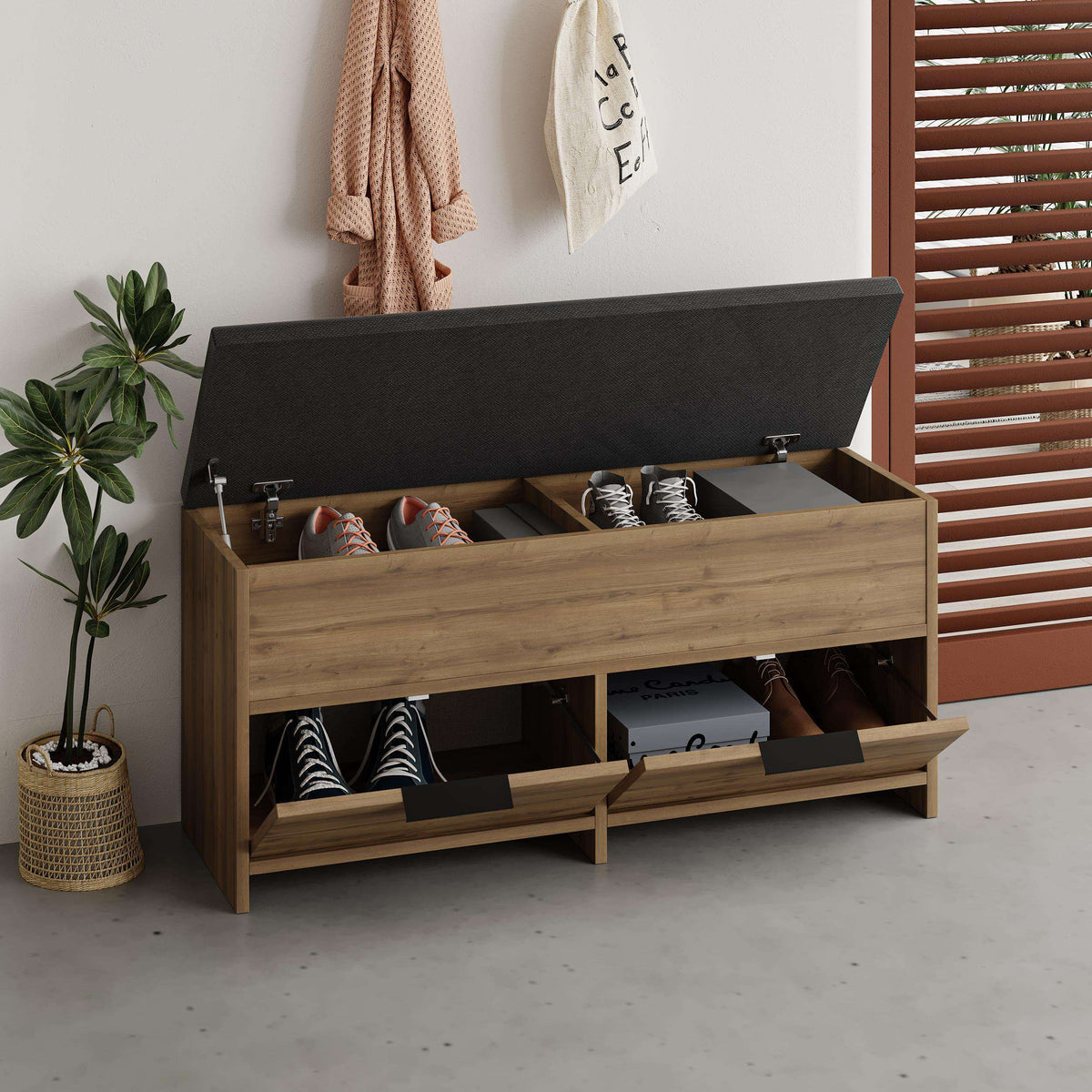 Modern shoe storage bench, open lid with dark seat and two compartments with shoes