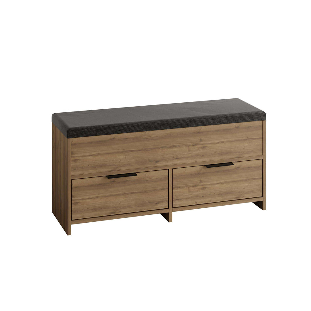 Dark oak effect shoe storage bench with black cushioned top and two drawers