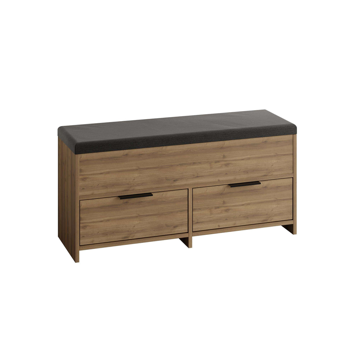 Dark oak effect shoe storage bench with black cushioned top and two drawers