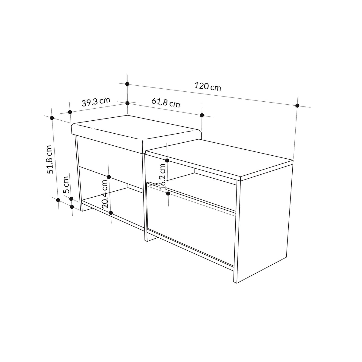 Shoe bench with storage dimension diagram showing measurements