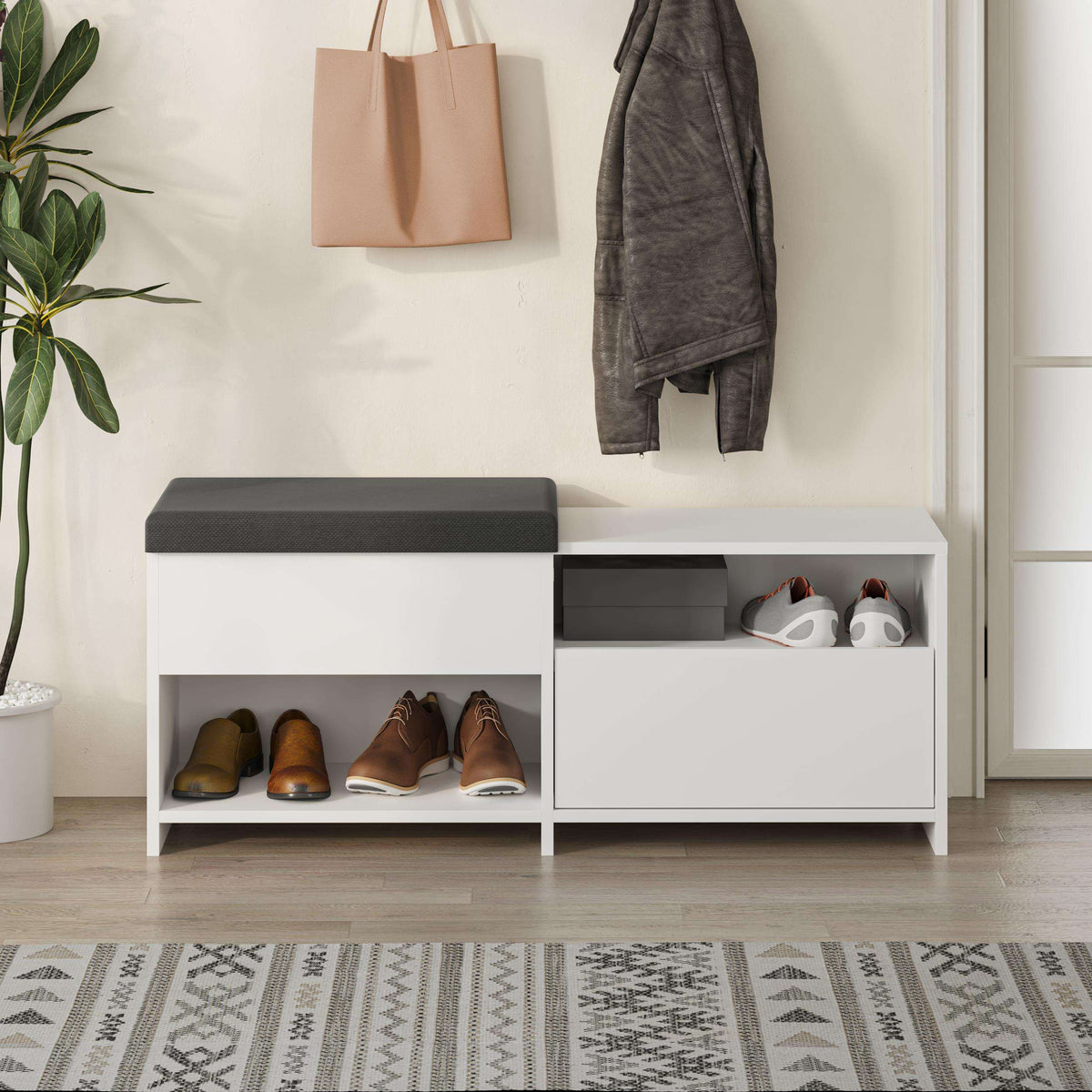 Dark gray shoe bench with padded top, open shelves, and a storage drawer for shoes.