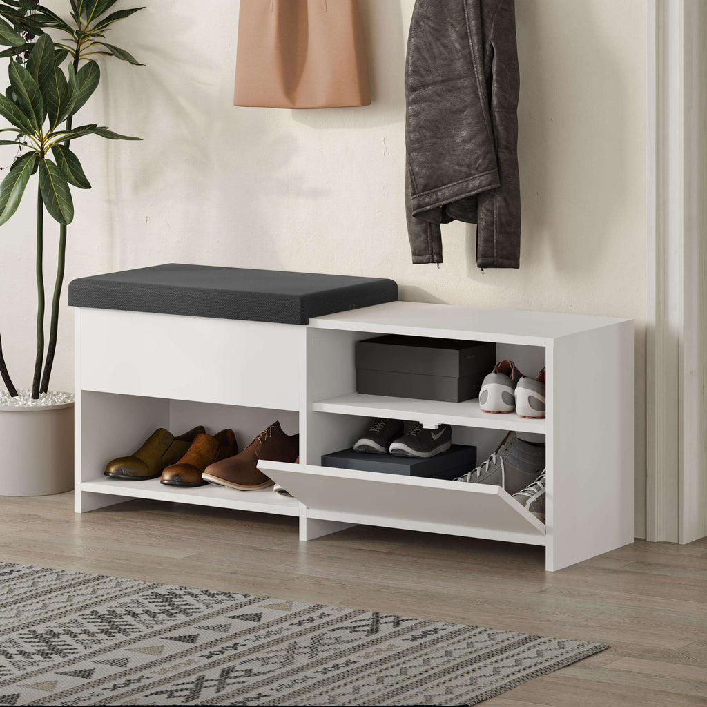 White shoe bench with black seat cushion and open shoe storage compartments