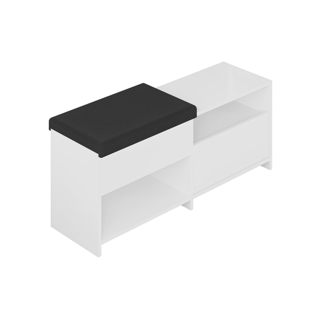 White shoe bench with black cushioned seat and two open storage sections