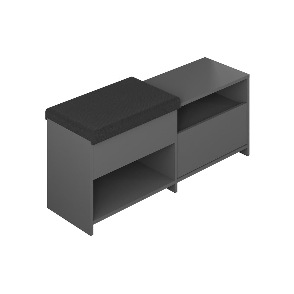 Modern dark gray shoe bench with padded seat, side open shelves, and front storage drawer.