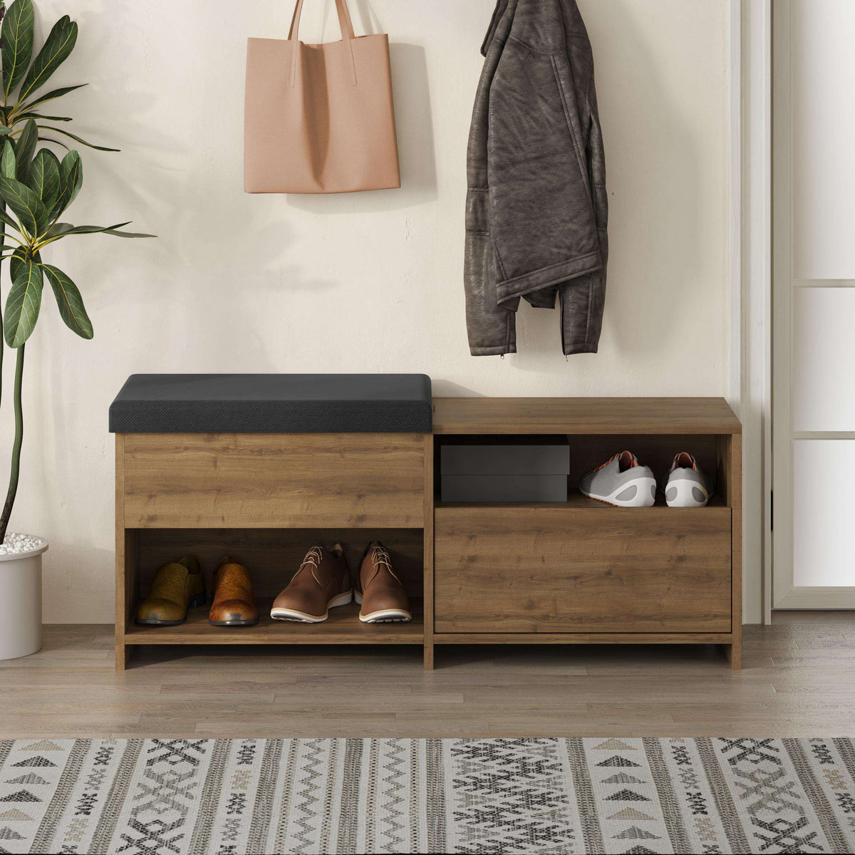 Shoe bench with cushioned seat, open shoe racks, and drawer-style storage compartment.
