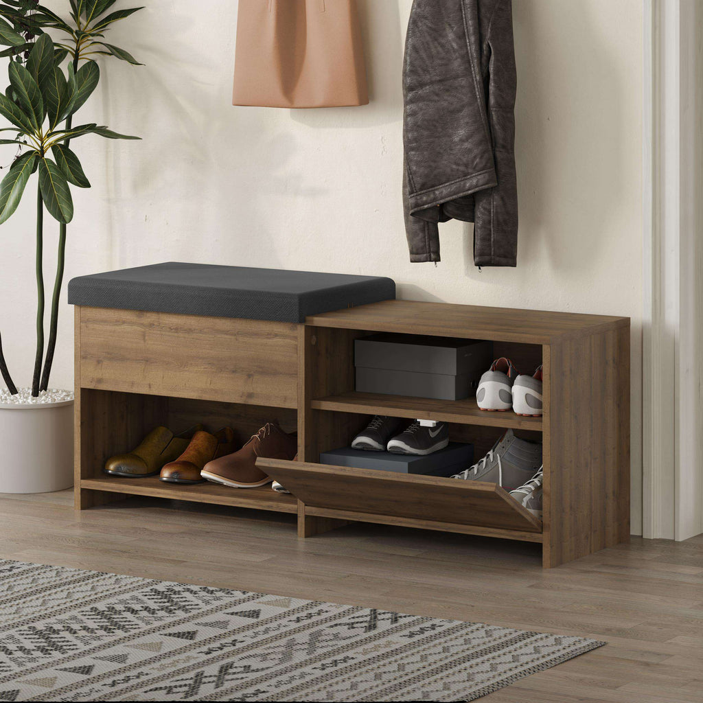 Modern shoe bench with cushioned top, flip lid, and side shelves for shoes.