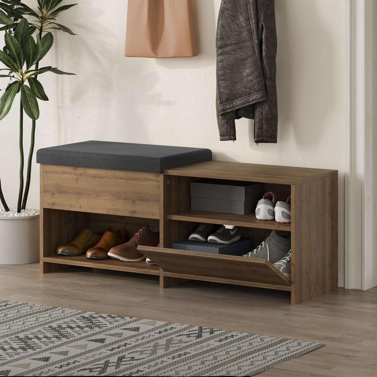 Modern shoe bench with cushioned top, flip lid, and side shelves for shoes.