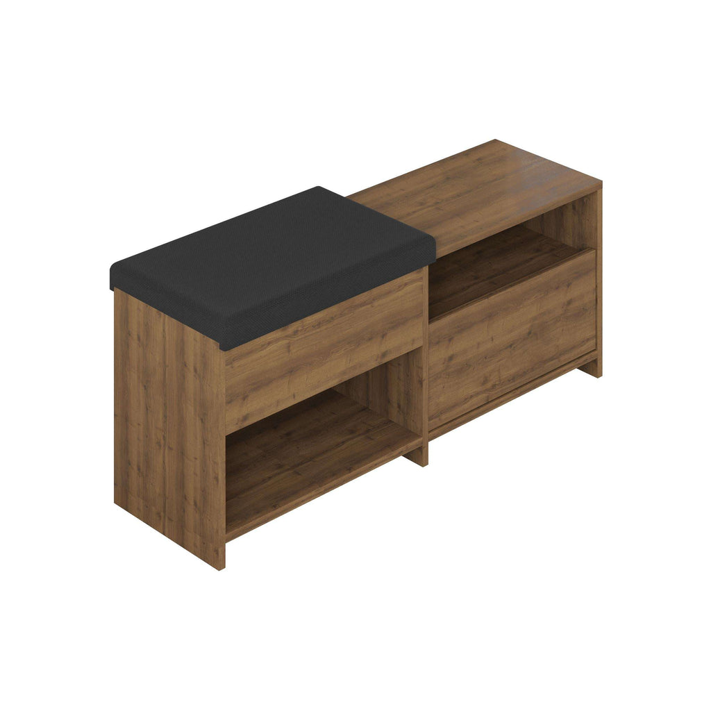 Wood-look shoe bench with padded seat and open storage compartments on both sides.