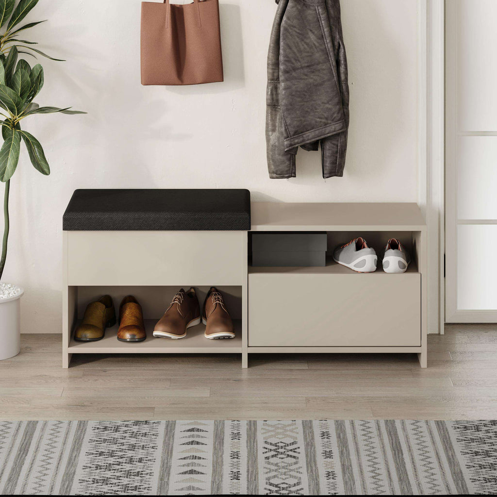 Shoe bench with black cushion, beige frame, open compartments with shoes and storage drawer