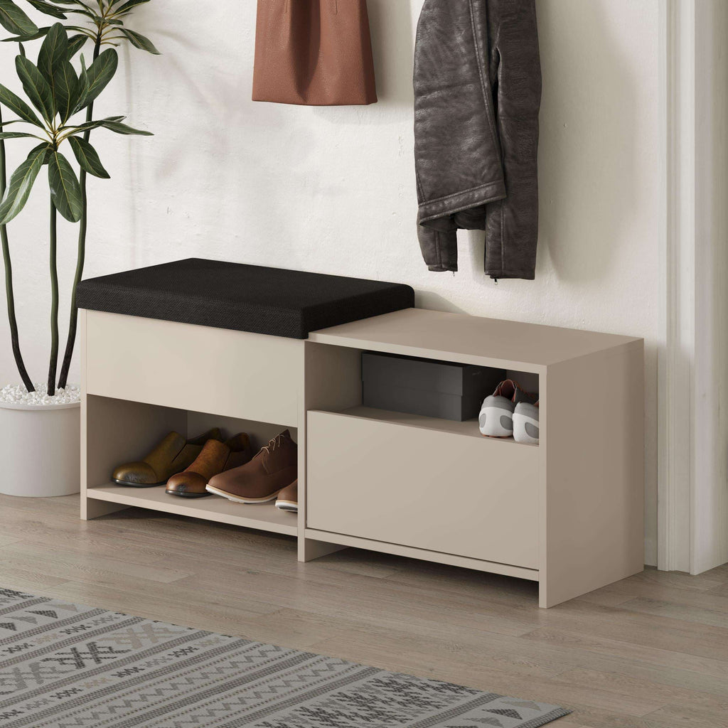Shoe bench with hinged storage top, beige frame, black cushion, open shoe cubbies