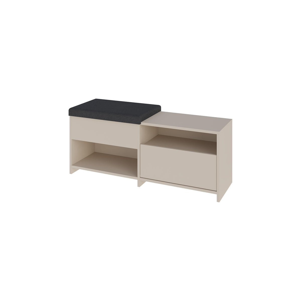 Shoe bench sample: light beige frame with black cushion and hinged storage section
