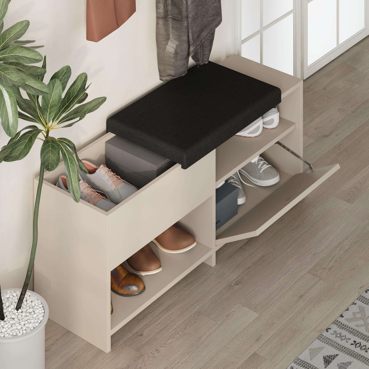 Shoe bench with black cushion, white frame, open compartments showing shoes inside