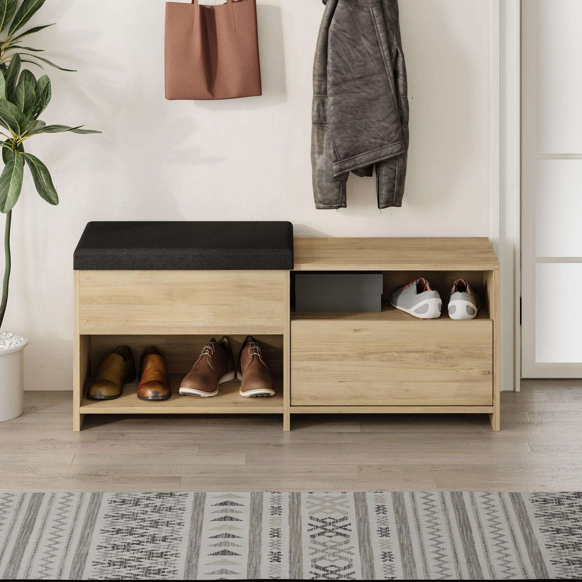 Shoe bench with black seat cushion, open shelves, and concealed drawer storage
