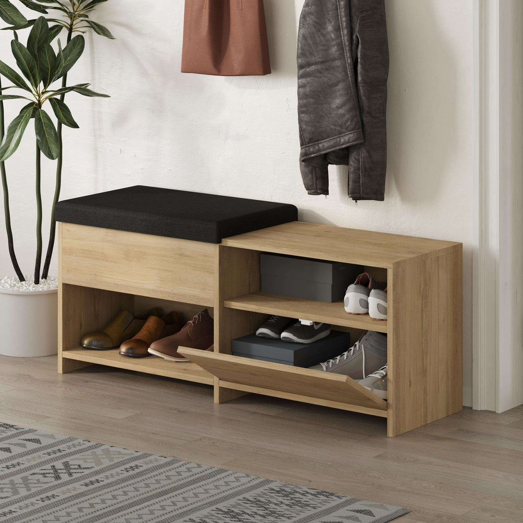 Modern shoe bench with black seat cushion and side open compartments for shoes