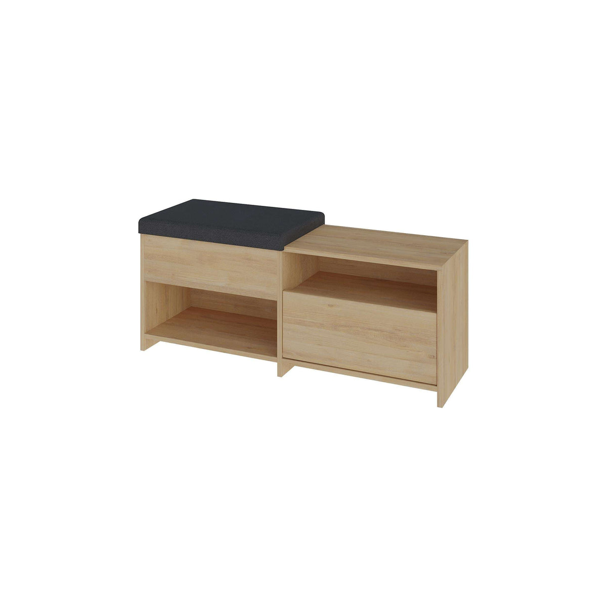 Wood shoe bench with black cushioned seat and open storage compartments