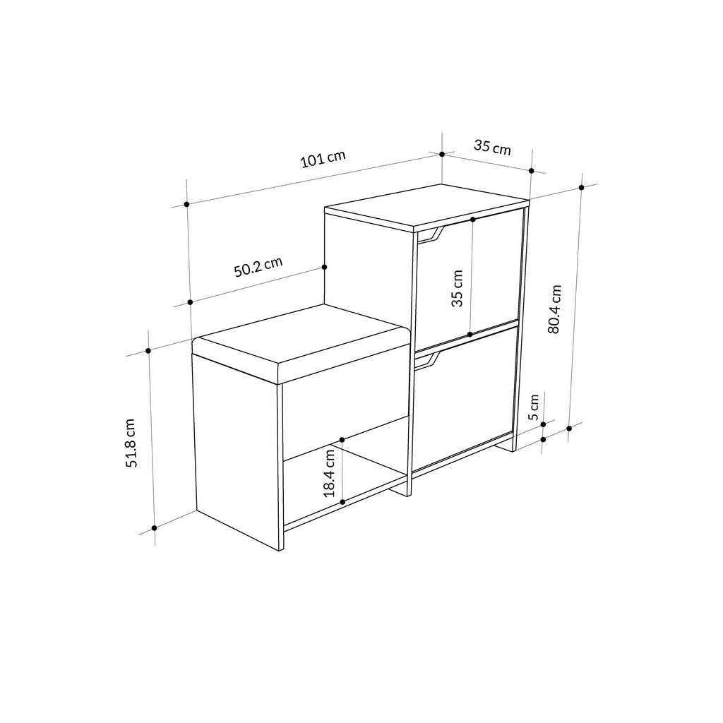 Shoe storage bench diagram with 101 cm width and 80.4 cm height
