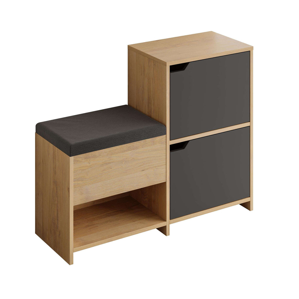 Oak and anthracite shoe storage bench with dark cushioned seat