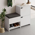 Stair-step shoe storage bench with dark seat, white frame, white drawers