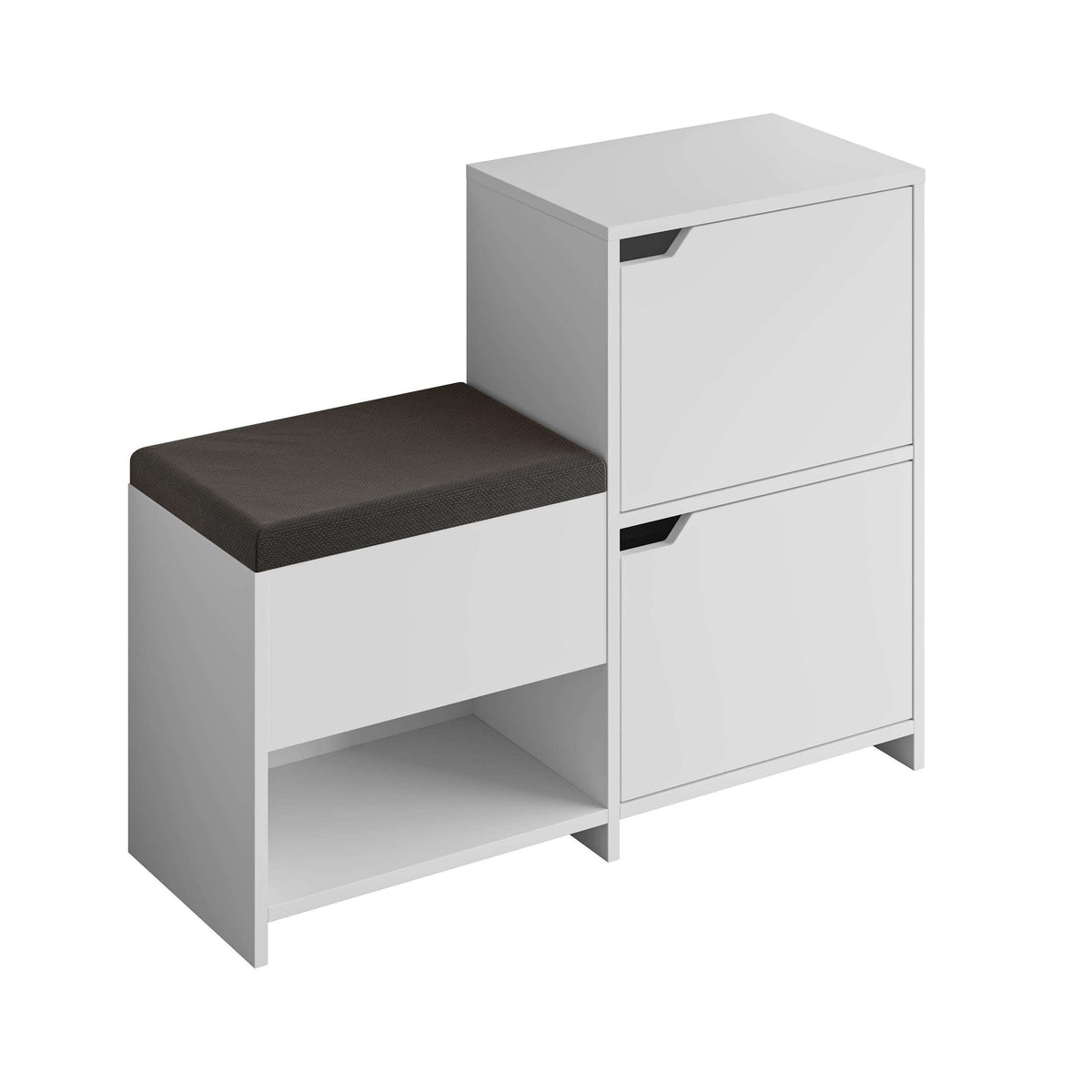 White shoe storage bench with dark cushioned seat and two door compartments