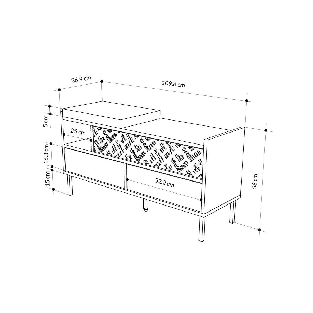 Shoe storage bench with open compartments and measurements diagram