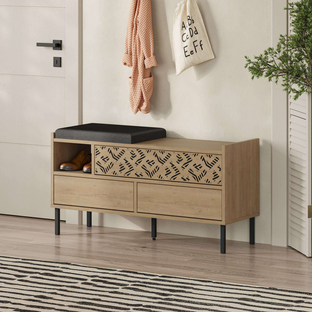 Shoe cabinet bench with black cushion and patterned door panel for shoe storage
