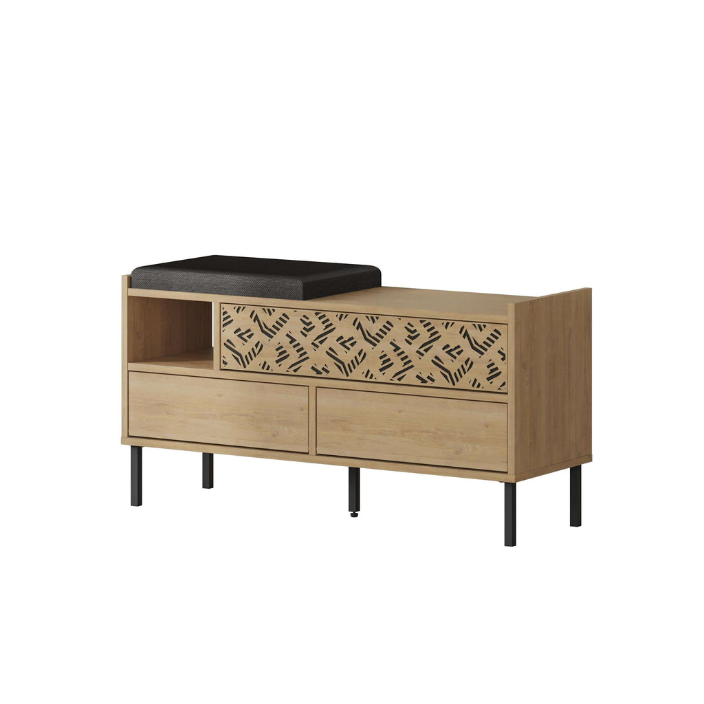 Shoe storage bench with dark seat, wood frame, open shelves, patterned center panel