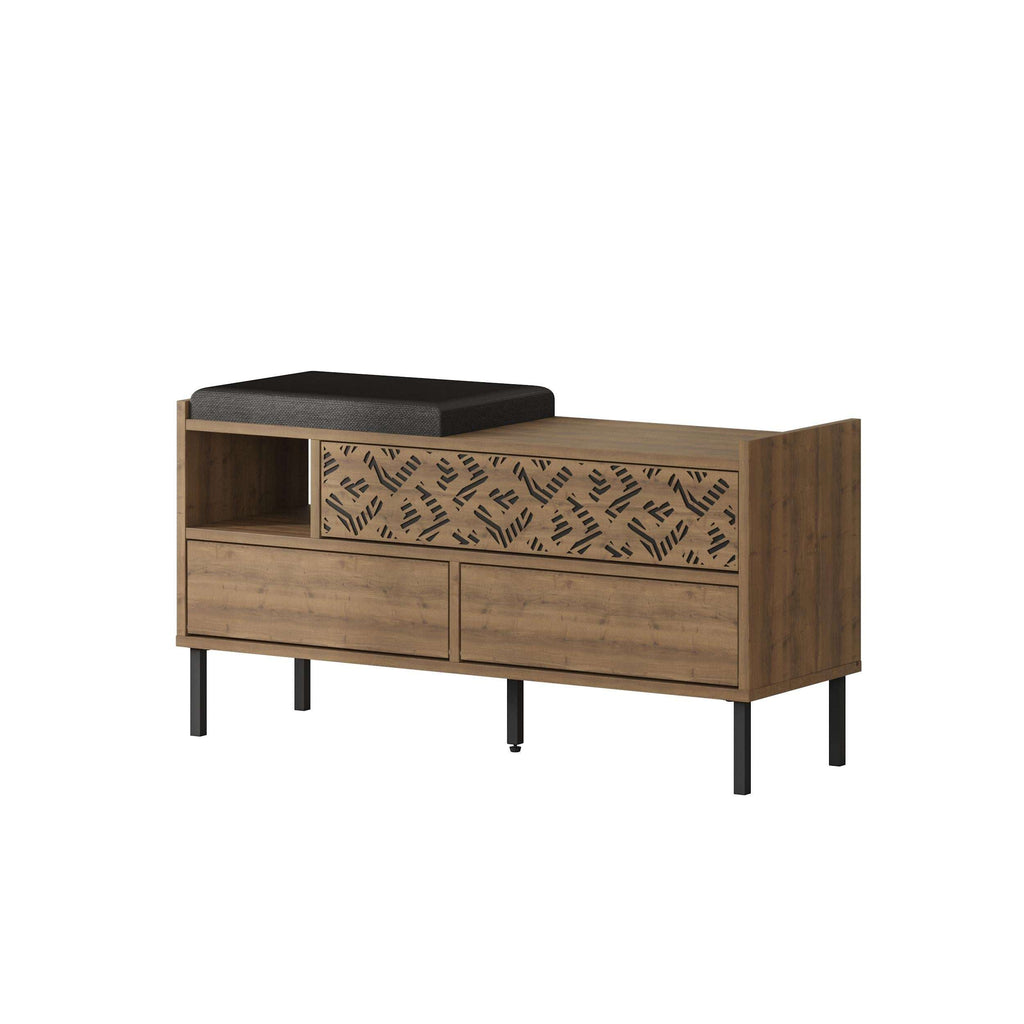 Shoe storage bench with dark seat, light wood finish, open shelves, patterned drawer panel