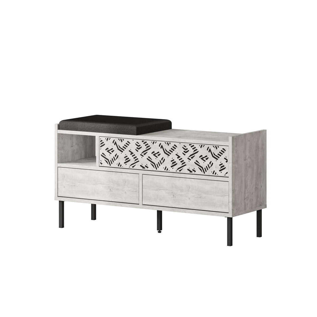 Shoe storage bench with dark seat, grey wood finish, open shelf, patterned drawer panel